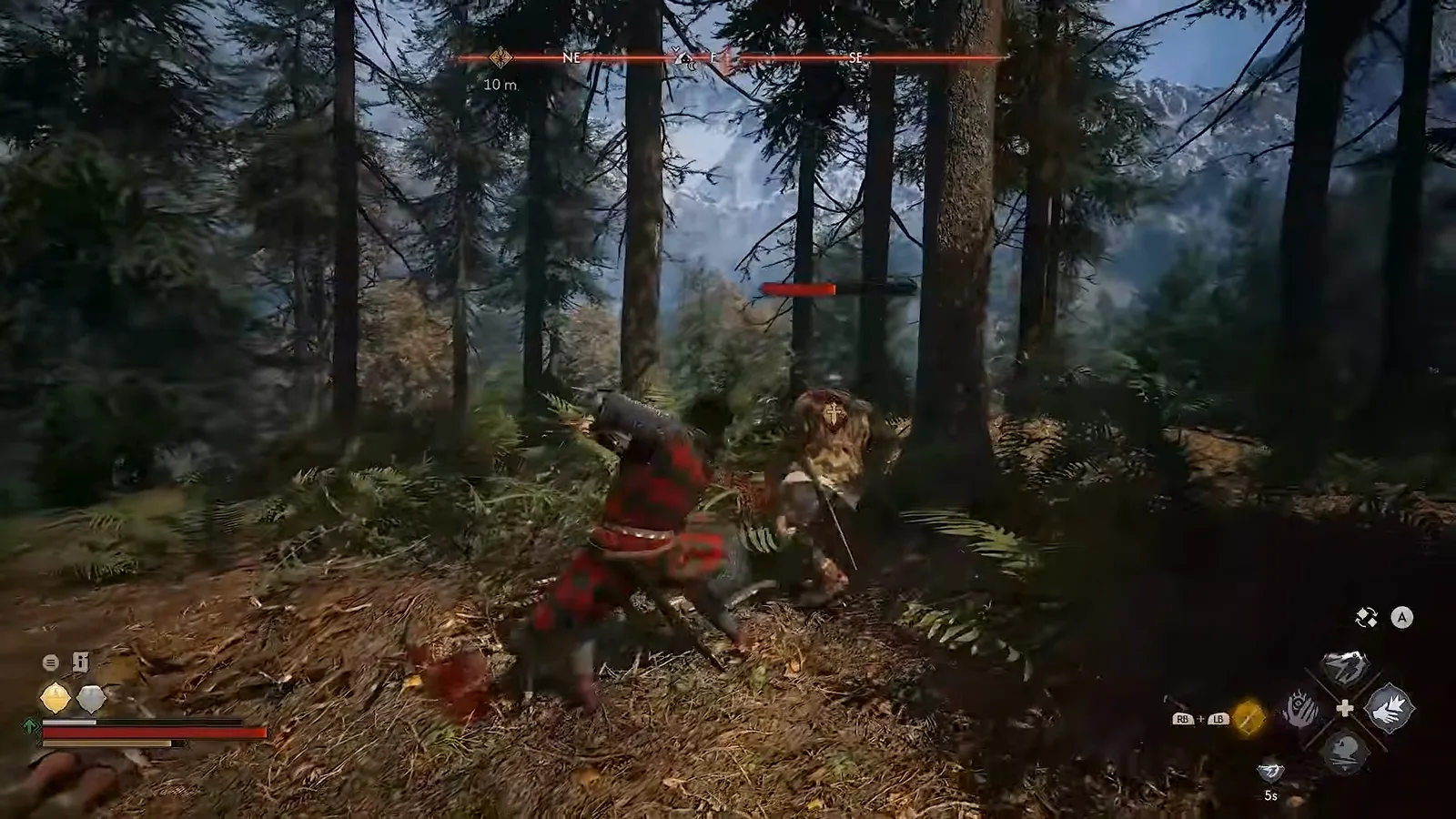 Coen in a directional daytime sword duel against a shield-bearing enemy, ability wheel open on the quick slots, in The Blood of Dawnwalker