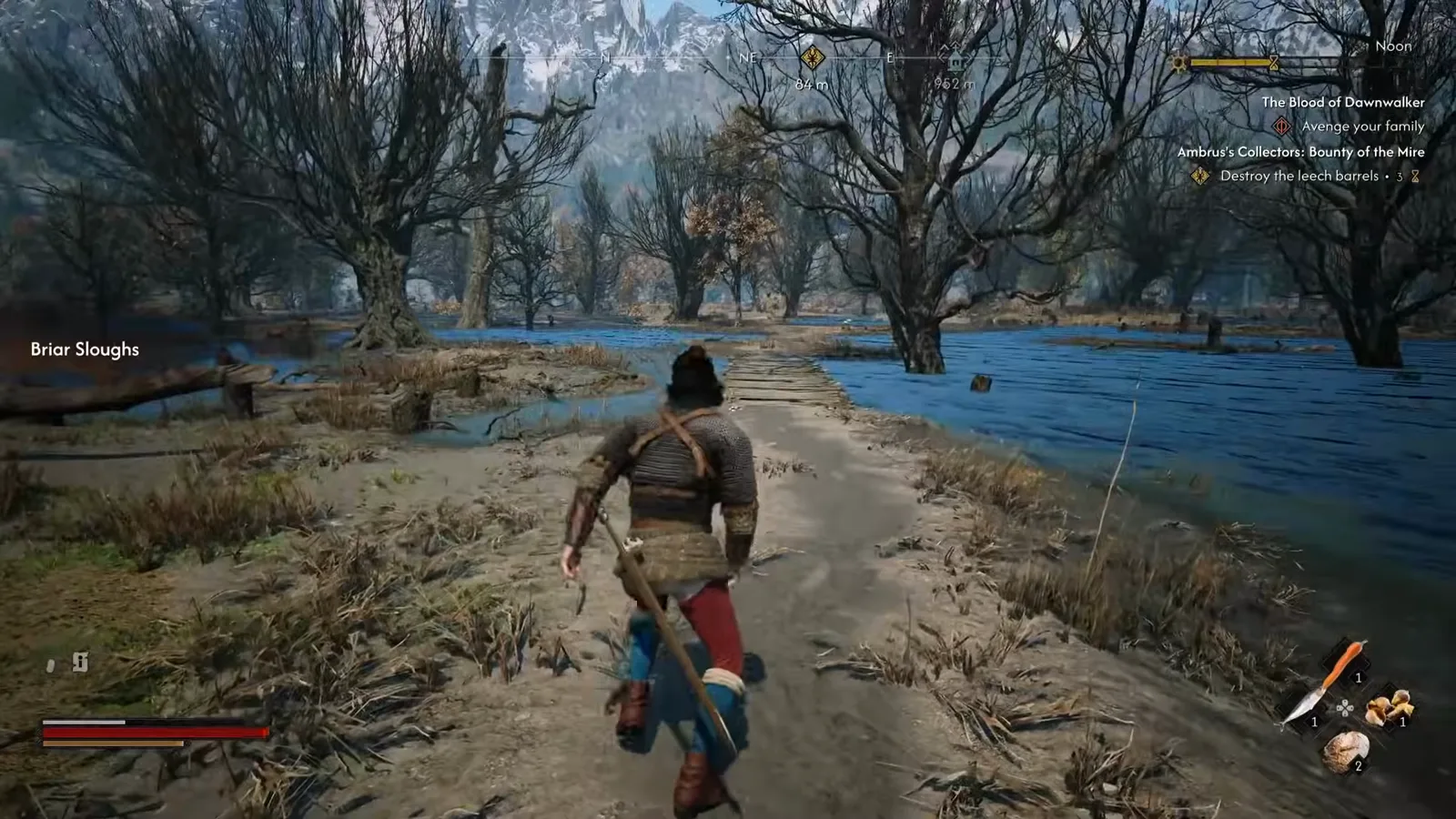 Coen running along a raised marsh path toward a collector camp in The Blood of Dawnwalker with the Briar Sloughs region tag and the Destroy the leech barrels quest tracker on screen