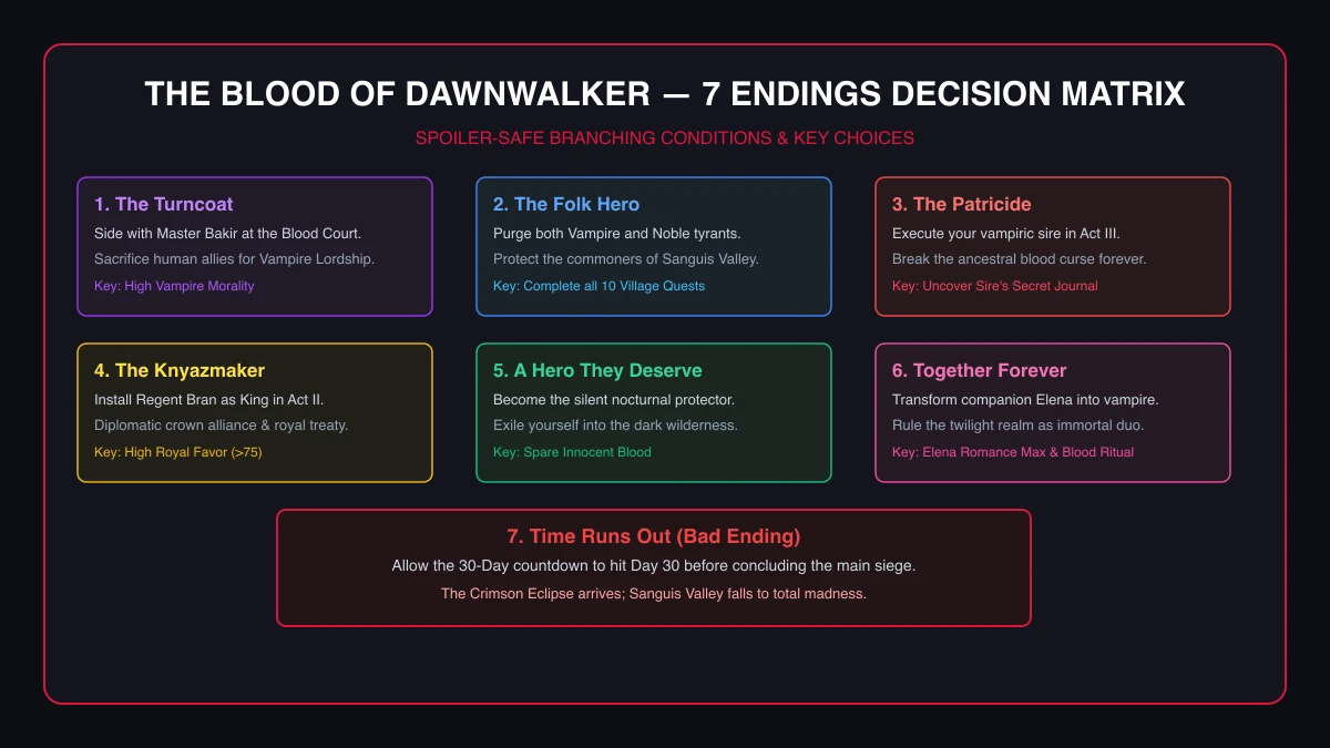 The Blood of Dawnwalker 7 Endings Decision Matrix showing all narrative branches and choices