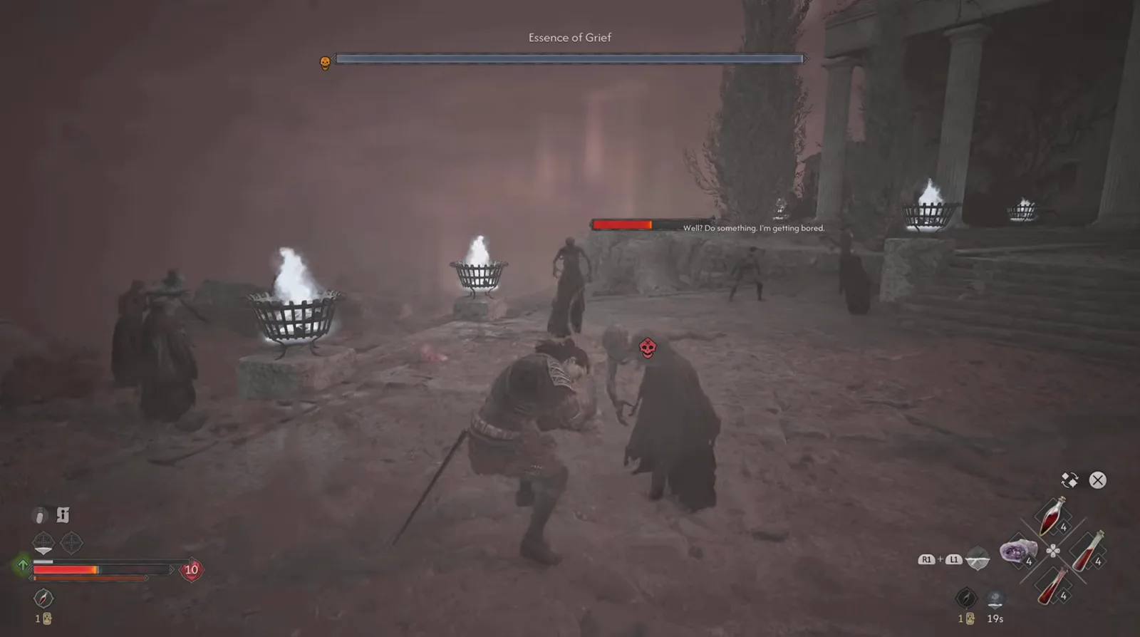 Desaturated grey phase of the Essence of Grief arena in The Blood of Dawnwalker showing robed figures with red target bars and a subtitle reading Well? Do something. I'm getting bored