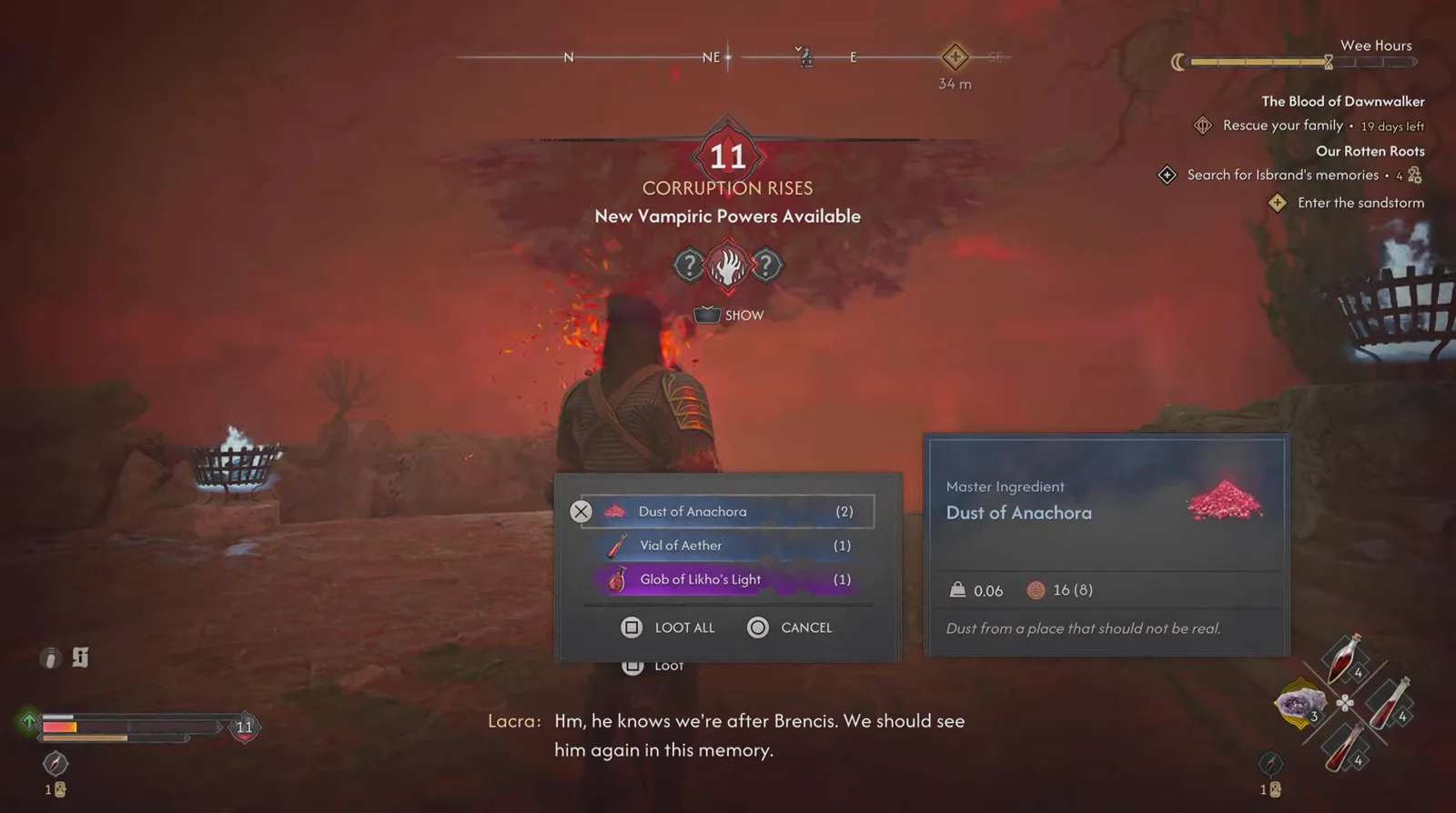 The Blood of Dawnwalker loot list after the Essence of Grief falls showing Dust of Anachora, Vial of Aether and Glob of Likho's Light with the Master Ingredient tooltip open
