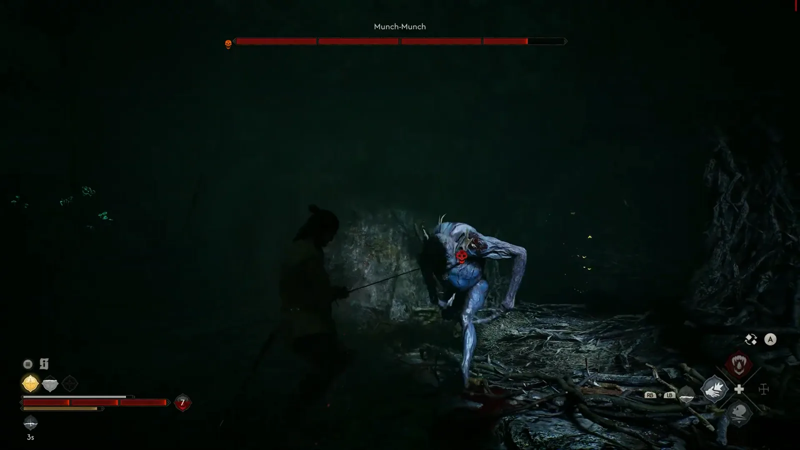 A red skull unblockable-attack marker on the shoulder of the lunging Munch-Munch kobold in The Blood of Dawnwalker while Coen holds his sword out at arm's length