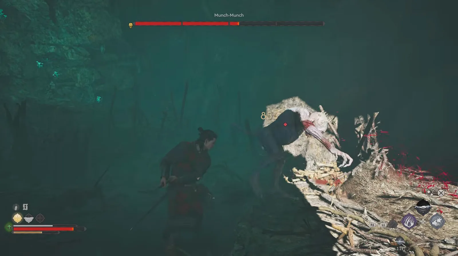 A gold 855 damage number floating over the bent back of the Munch-Munch kobold in The Blood of Dawnwalker as its four-segment boss bar drops into the third segment and blood spatters across the bone nest