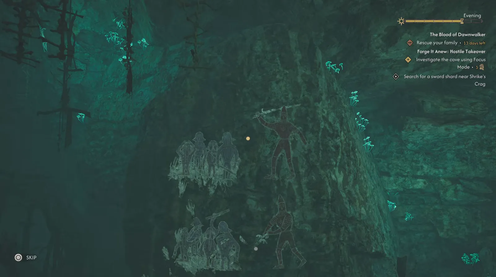 The Blood of Dawnwalker Focus Mode cave wall paintings of red and white line-art warriors holding broken swords above a group of smaller cowering kobold figures