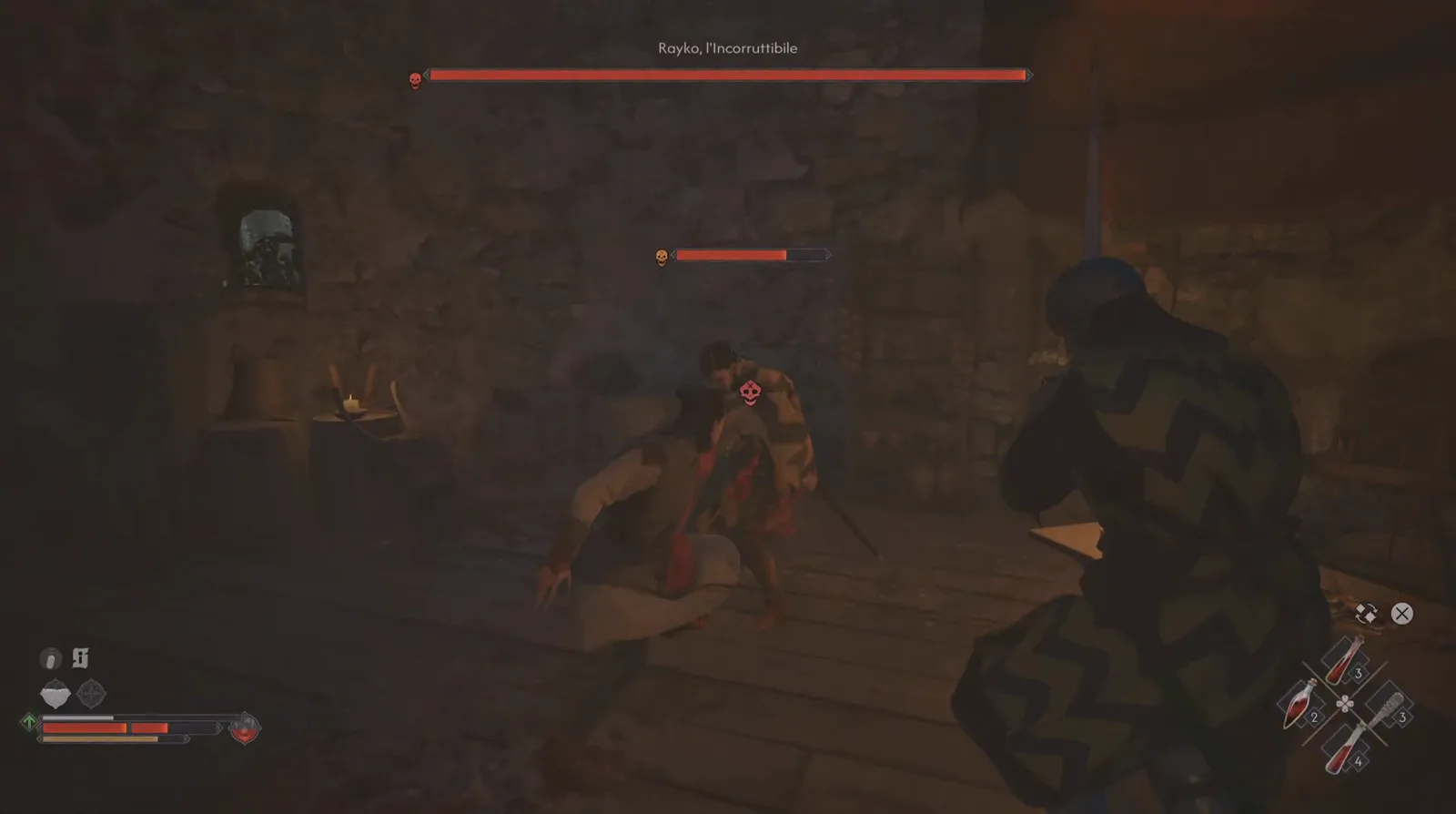 The Rayko, l'Incorruttibile boss bar drawn full across the top of The Blood of Dawnwalker while Coen lunges at the chevron-tabarded fighter in a plank-floored stone cellar