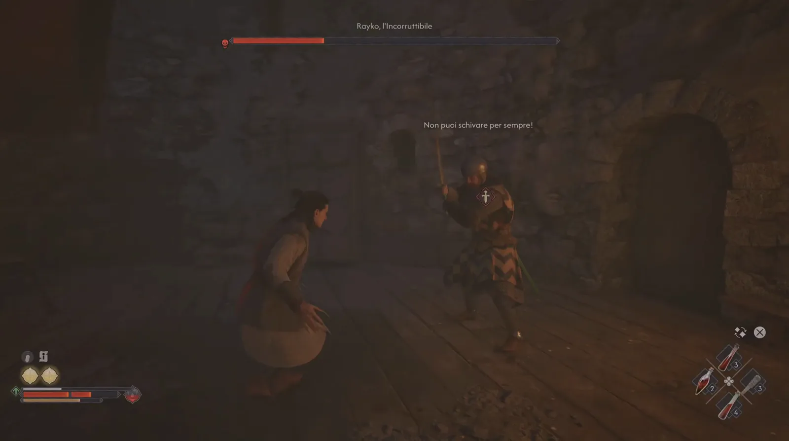 Rayko winding a two-handed weapon over his head under the subtitle Non puoi schivare per sempre while Coen recovers on the left in The Blood of Dawnwalker