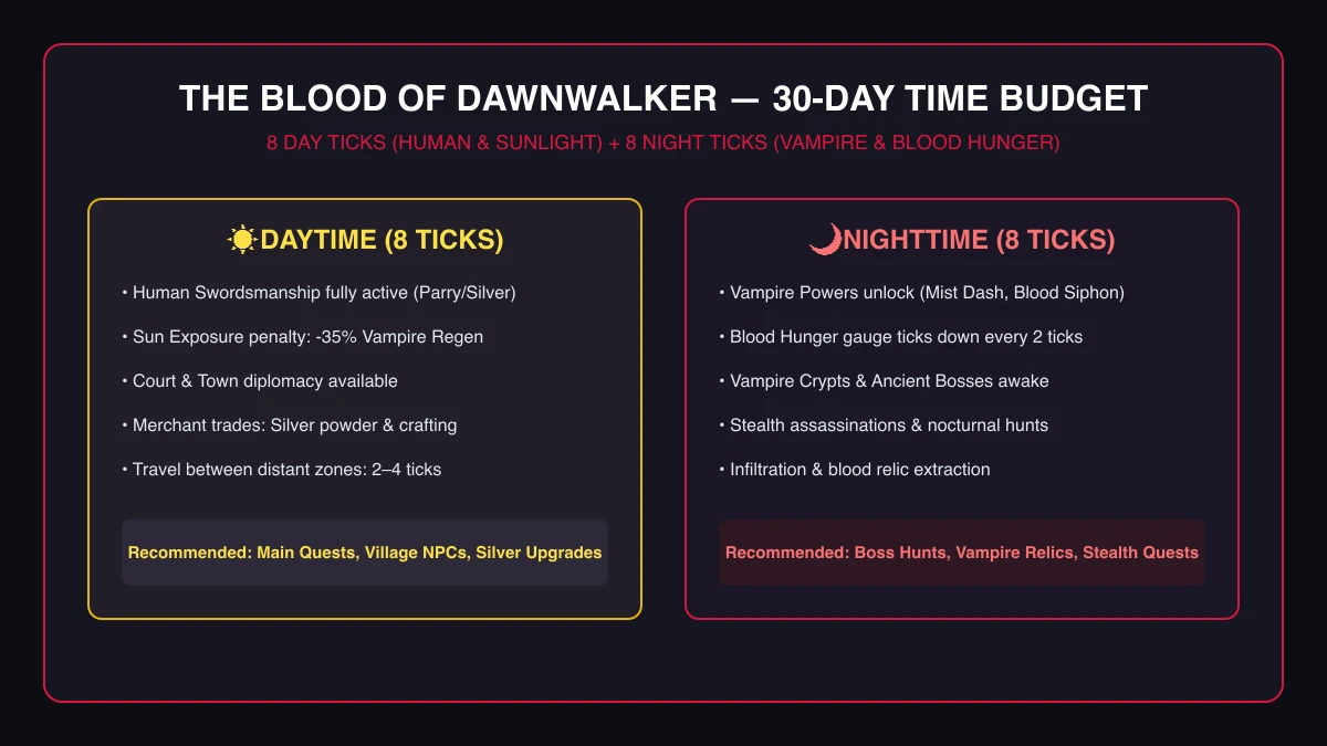 The Blood of Dawnwalker 30-Day Time Budget diagram showing 8 daylight ticks for human combat and 8 nighttime ticks for vampire stealth