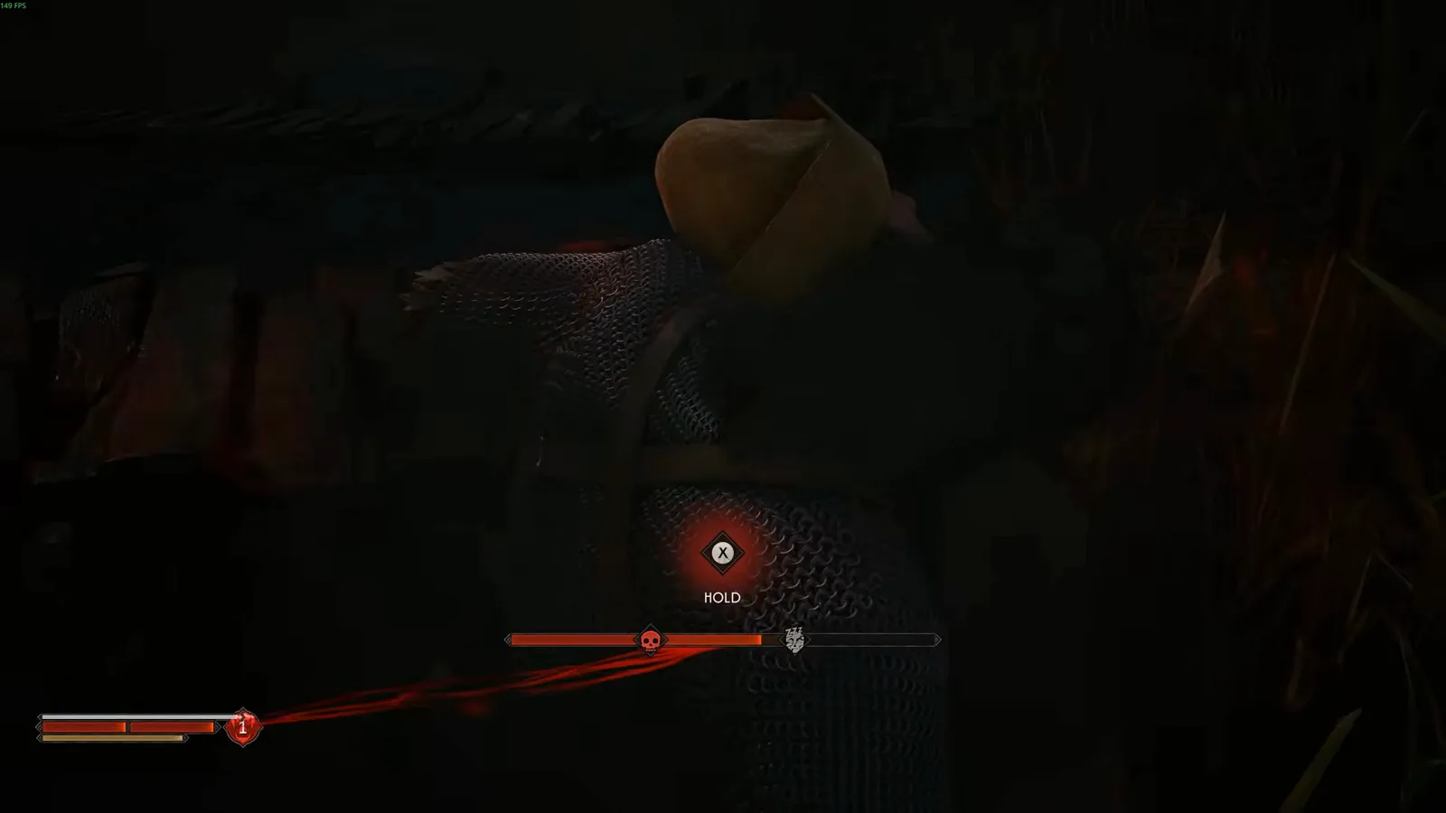 The Blood of Dawnwalker feeding HOLD prompt appearing over a downed enemy at night, the choice to sleep or drain a victim yet to be made