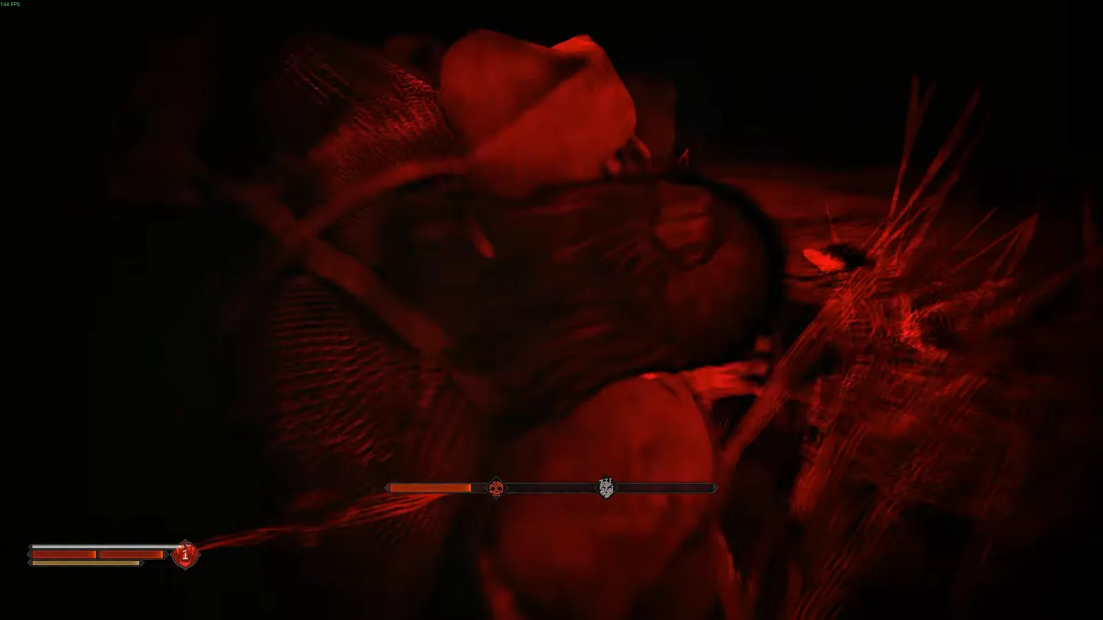 Feeding close-up in The Blood of Dawnwalker with the screen washed in red as Coen drains blood from a villager