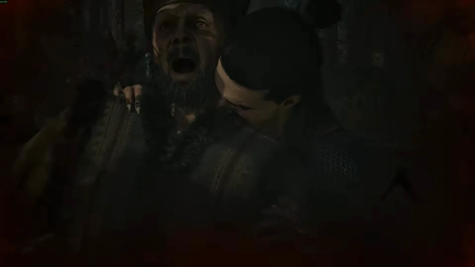 Coen giving in to hunger and biting an NPC during a dialogue cutscene in The Blood of Dawnwalker, the hunger option consuming the conversation